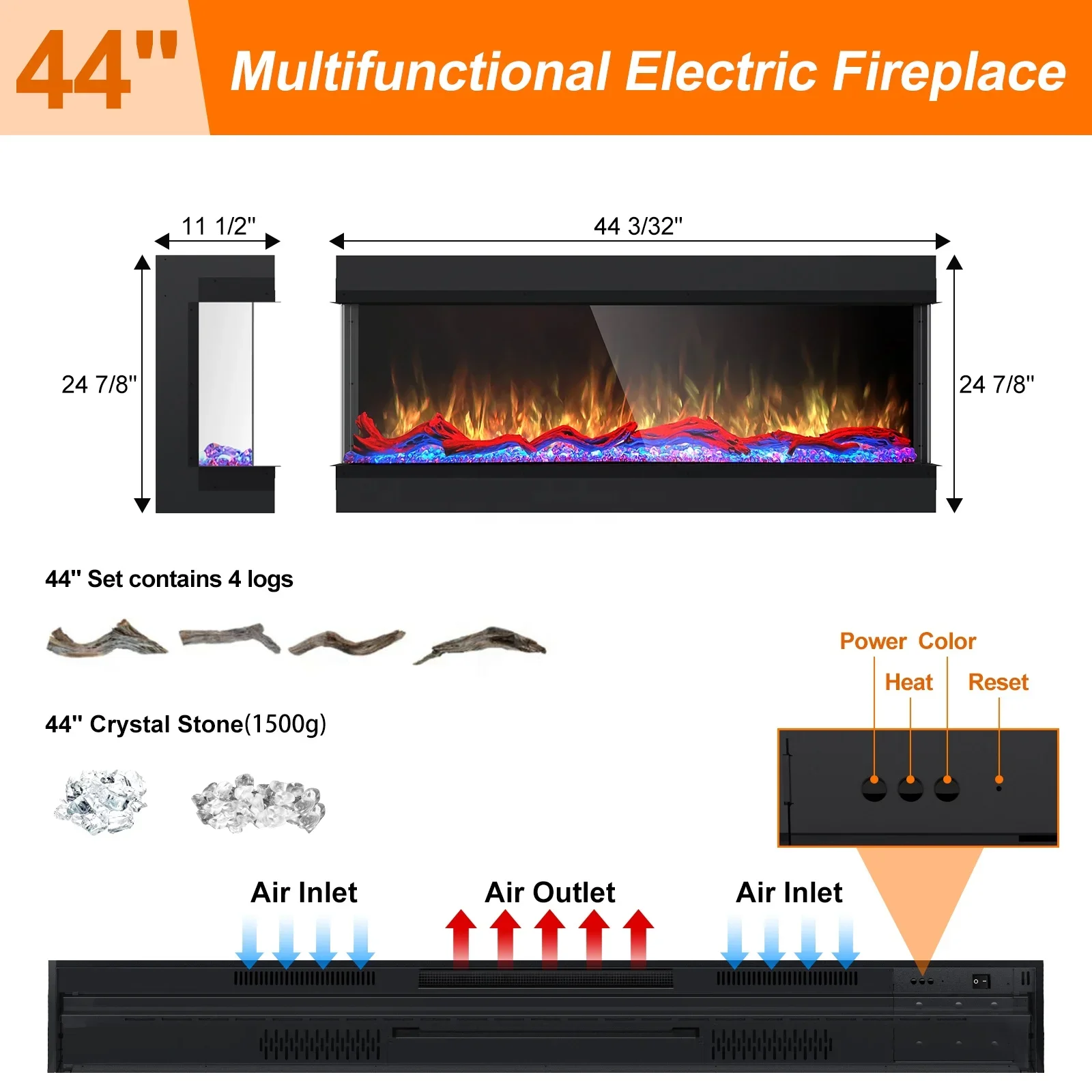 Electric FireplaceFactory 3 Sided Electric Fireplace Heater 7 LED Flame Colors Wall Recessed Decor Fire Place Electric