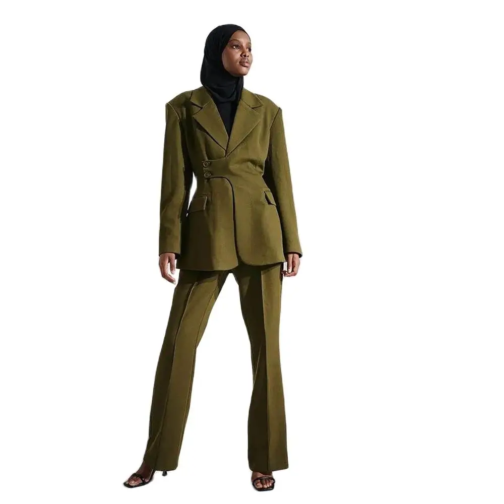 Nova moda verde oliva conjunto de calças femininas de alta qualidade duas peças (blazer + calças)