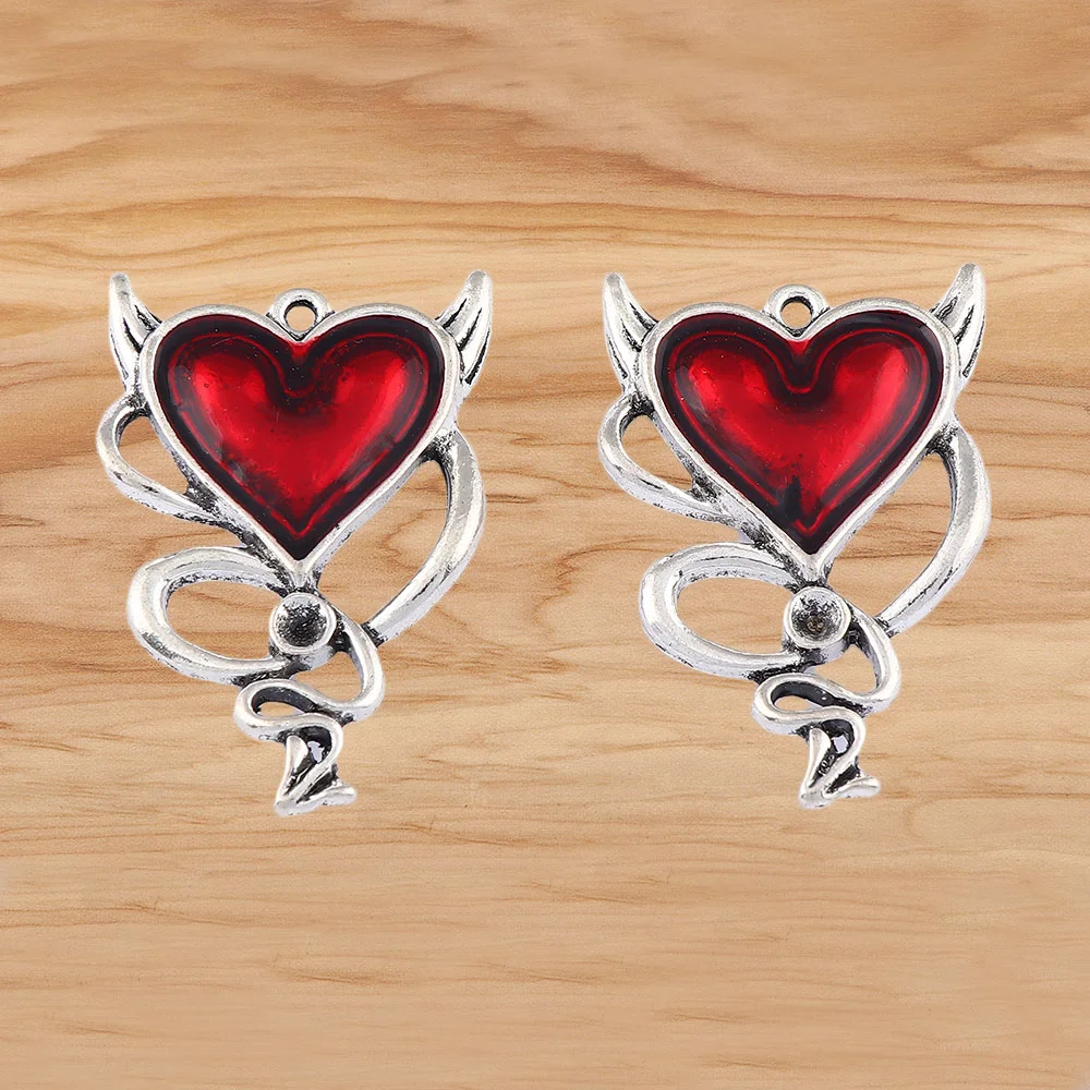 4 Pieces Alchemy Gothic Red Devil Heart Stud Drop Antique Silver  Earring Charms Pendants For DIY Jewelry Making Accessories