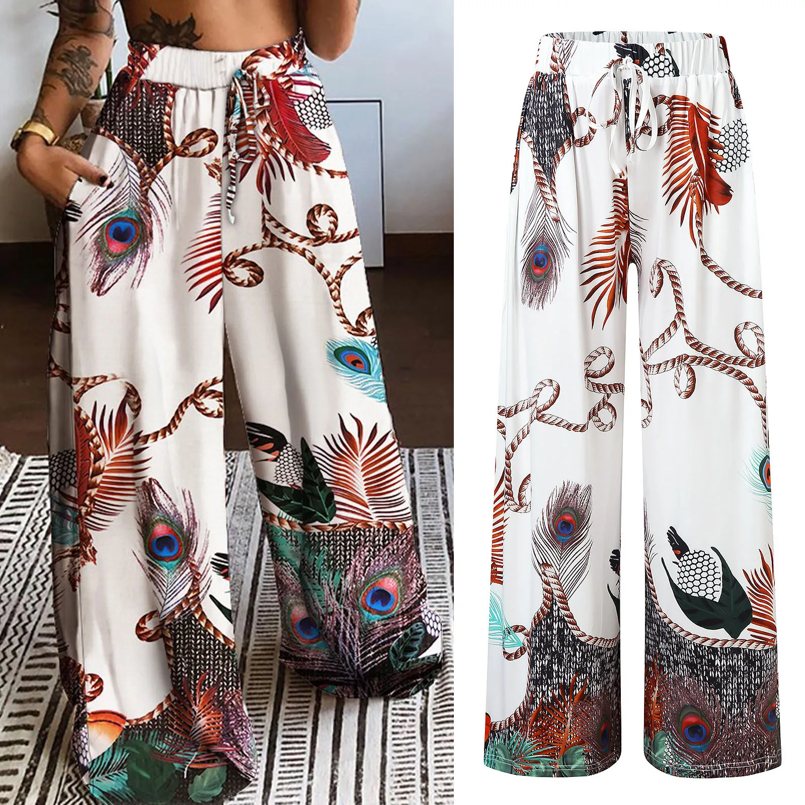 

Boho Style Panties For Lady Casual Sexy Waisted Pattern Print Loose Long Trouser With Pocket Personality Shape High Waist Pants