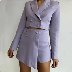 Vintage Sexy Double-breasted Button Short Women Blazer High Waist Irregular Shorts Short Pants Long Sleeve Suits 2 Pieces Set
