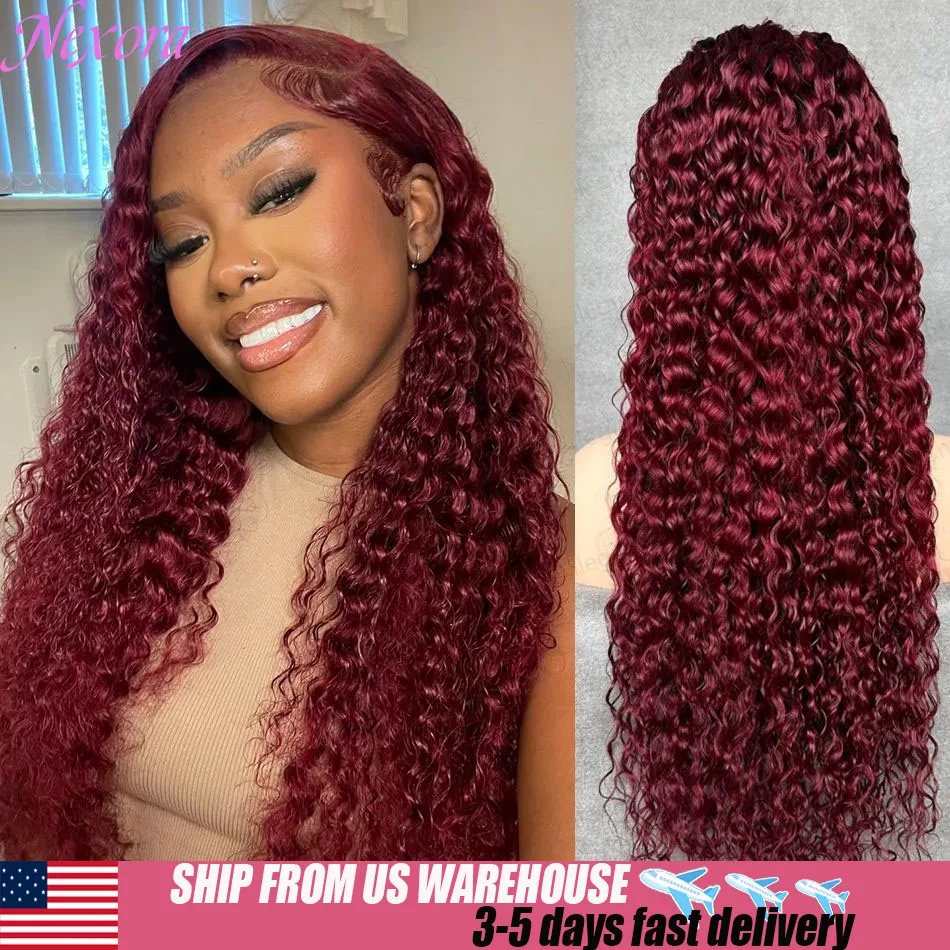 

99j Бордовый 13x6 Hd Парик из натуральных волос на кружеве Кудрявый парик из натуральных волос Высокая плотность Парики на шнурке Волна воды Глубокая волна Фронтальный парик