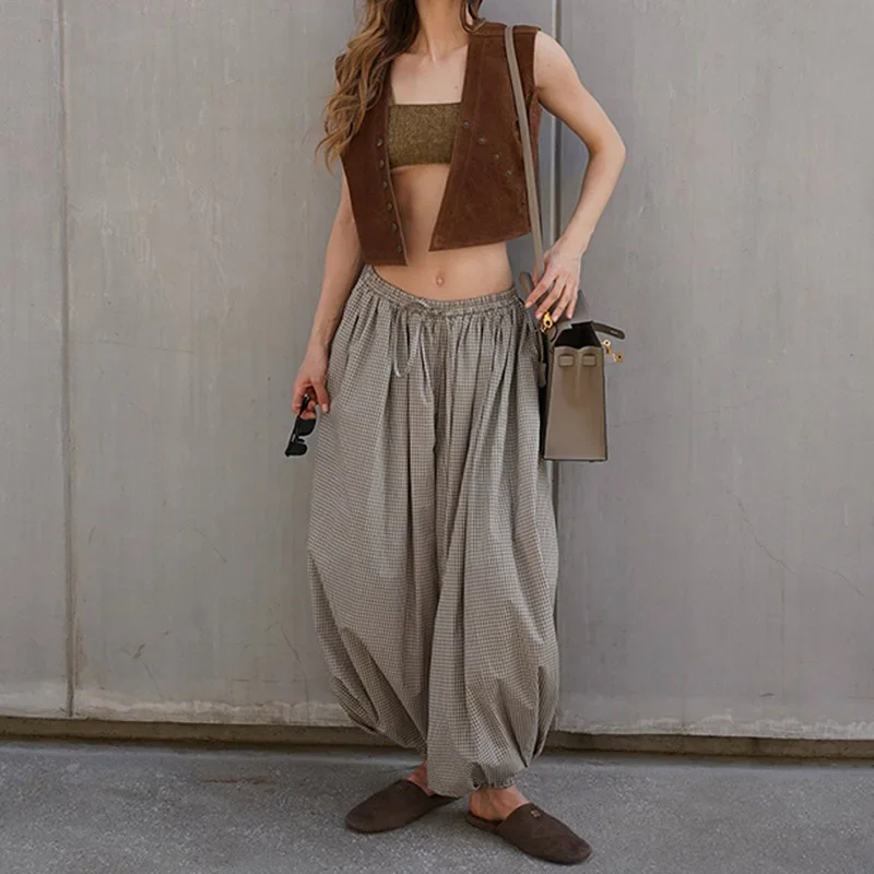 Loose Plaid Print Lantern Pants For Women Casual High Waist Club Party Clothes Autumn 2025 New Fashion Female Trouser