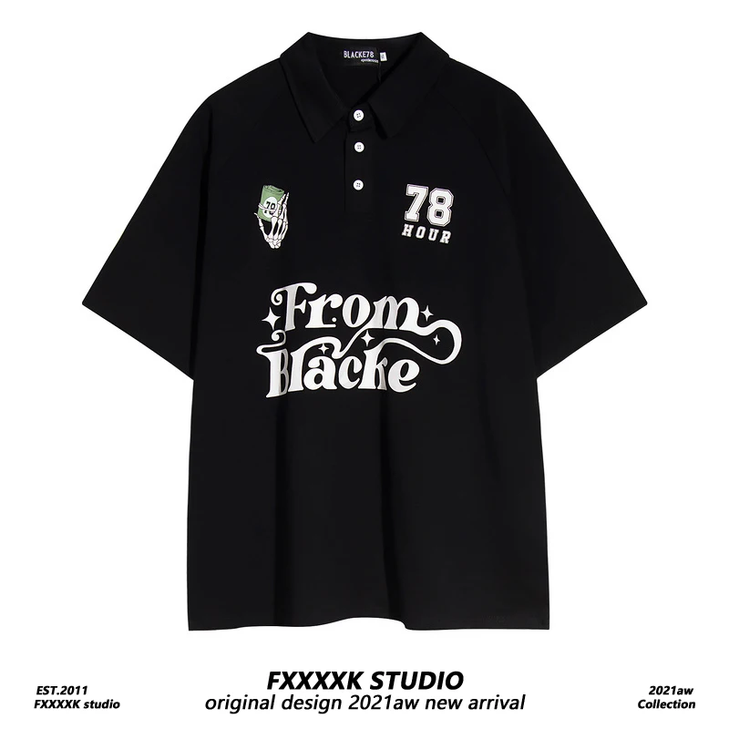 

FXK Original American irt Loose ort Sve Turn-down Collar f Sve Women's Sle Summer Trendy High Street T-irt