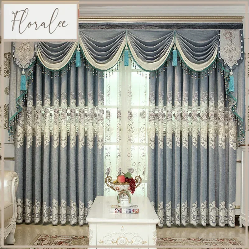 

Blue Gray Embroidered Window Screen Thickened Hollow Chenille Curtains For Living Room Bedroom French Window Curtains Customize