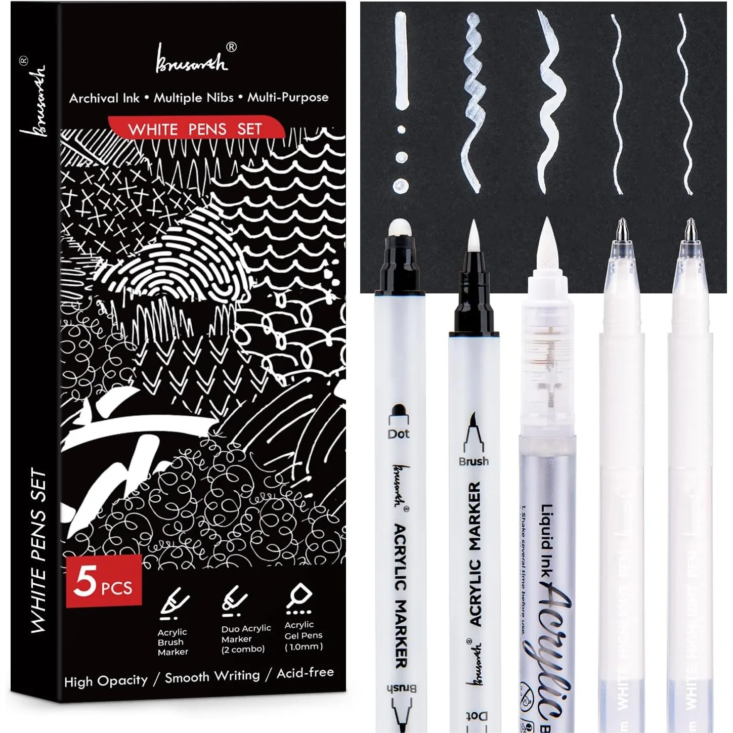 

5 Pack White Gel Pens Set, 1mm Fine Point & Dual-Tip Acrylic Paint Markers for Black Paper Drawing, Sketching, Card Making