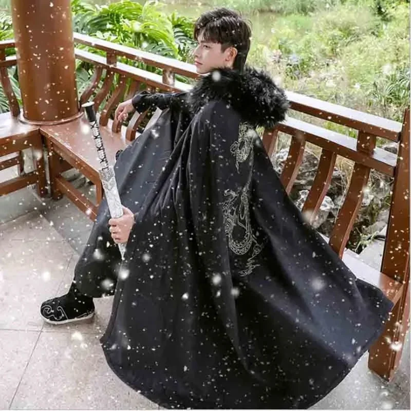 

FC6Winter Warm Men`s Hanfu Cloak Chinese Traditional Embroidery Black Cape Male Christmas Cos Costume Thick Hanfu Clack for@FC8！
