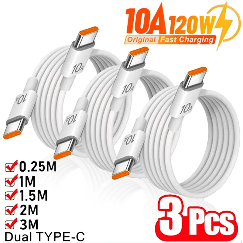 3-1Pcs 120W 10A Fast Charger PD Dual Type C Quick Charging Cable Data Wire Cord for Samsung IPhone 15 16 HUAWEI Xiaomi Universal