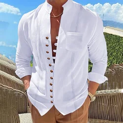 2024 nueva camisa vintage de manga larga con bolsillo de lino y algodón con cuello levantado para hombre, cárdigan informal a rayas de color sólido con múltiples botones