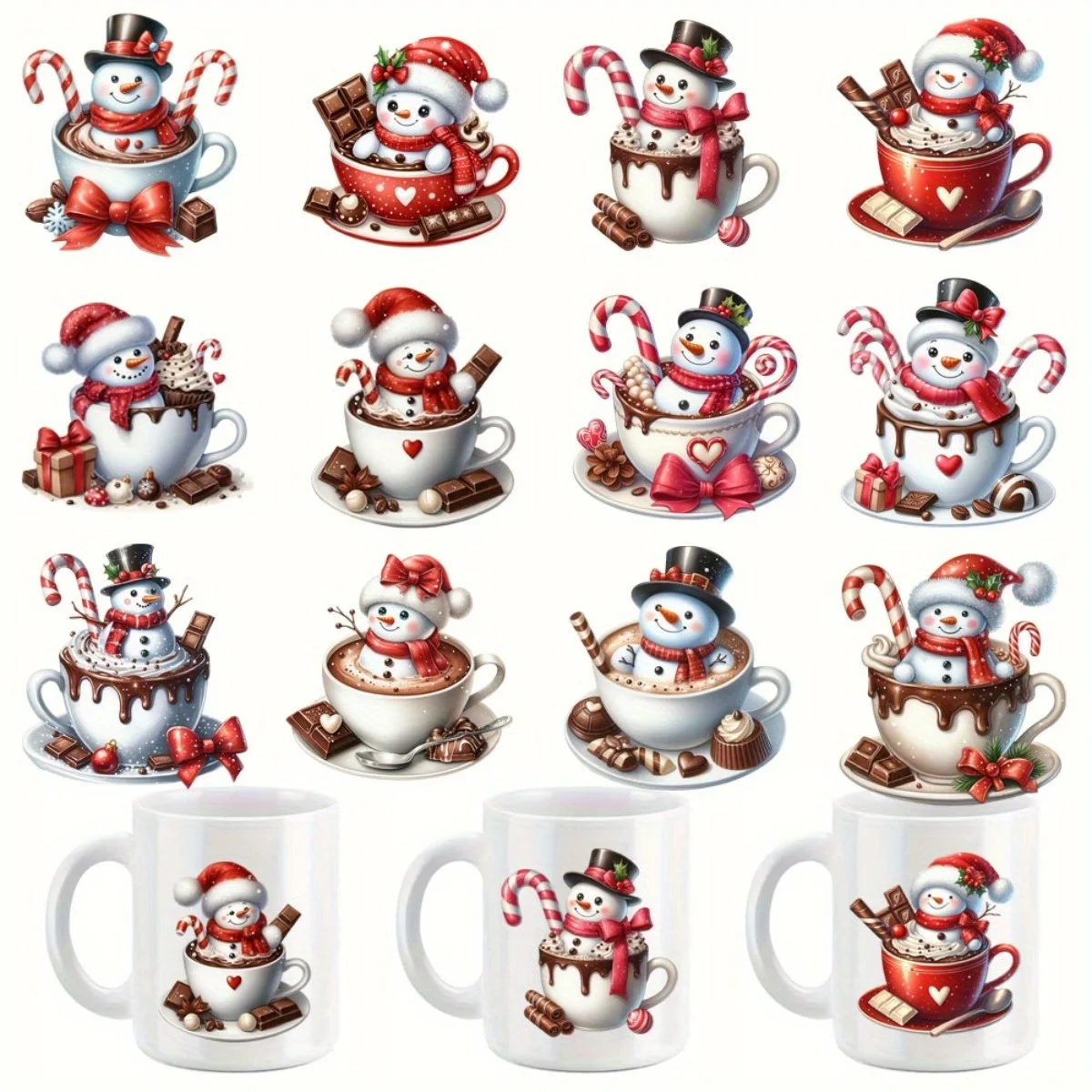 12 Stück/Set Weihnachts-Kakaobecher Schneemann-Stil Blumen DIY Glasbehälter Verpackungsaufkleber UV DTF Hochhaftende Transferpapiere
