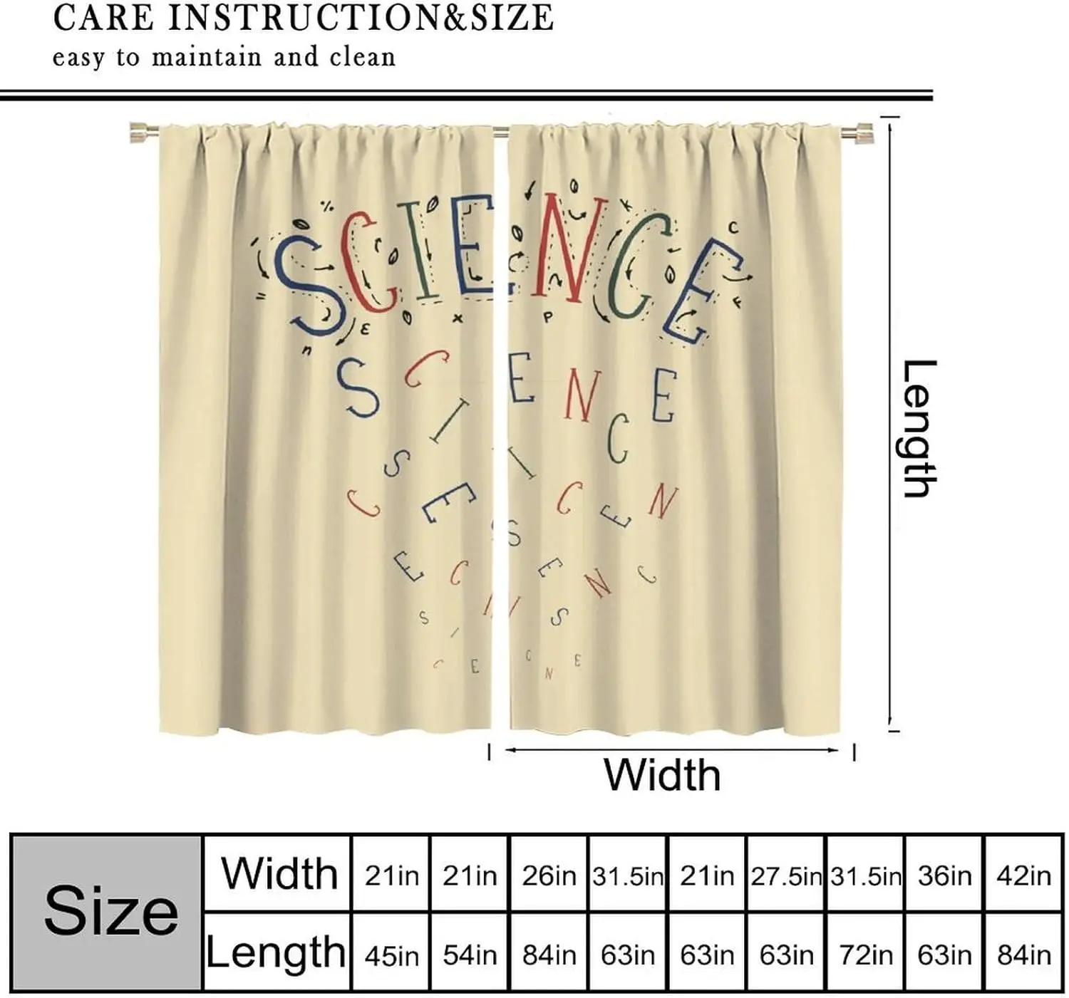Decorative Science Doodle Curtain 2pcs Beige Window Curtain Academic Classroom Study Pattern Filtering Panel for Home Decor