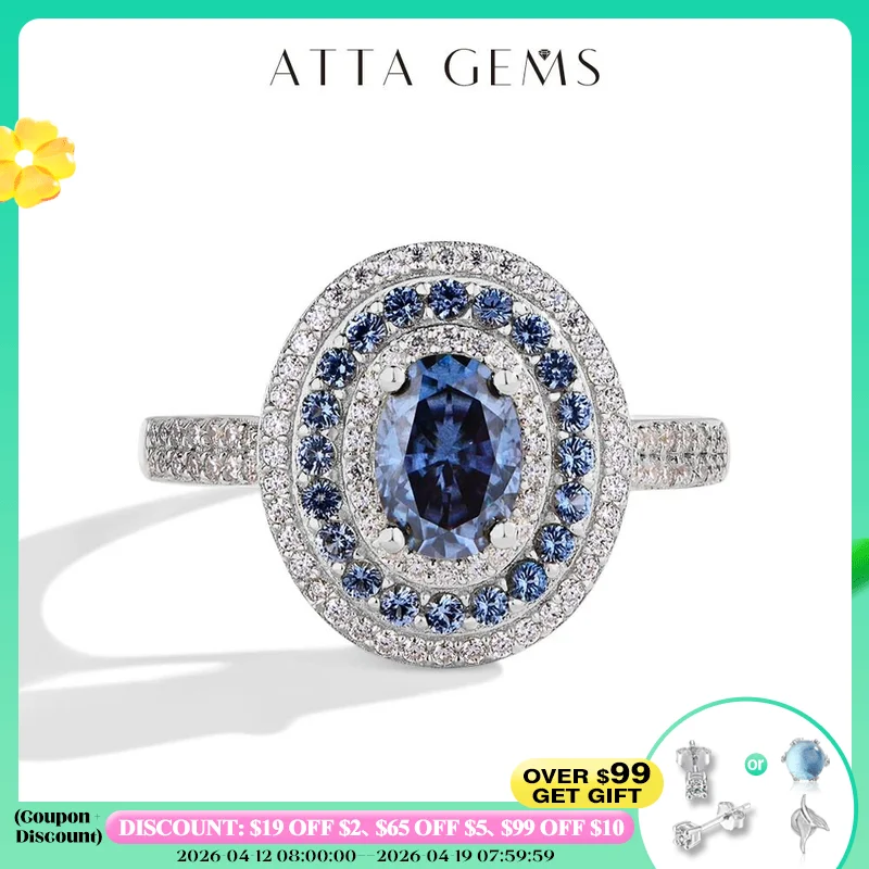 

ATTAGEMS синие женские кольца с муассанитом овальной огранки 1,0 карата настоящее серебро S925 ювелирные изделия для свадьбы обручальное кольцо с сертифицированным