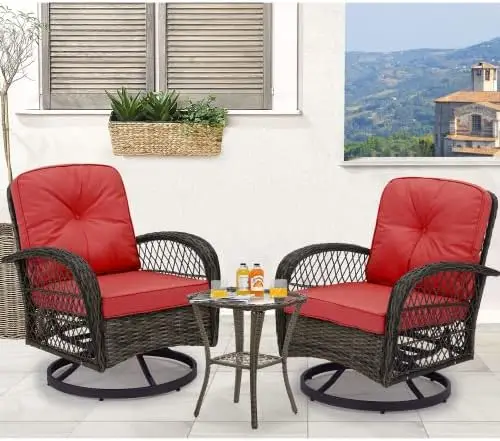 

3 Pieces Outdoor Swivel Rocker Patio Chairs with Cushions and Glass Table, Wine Red