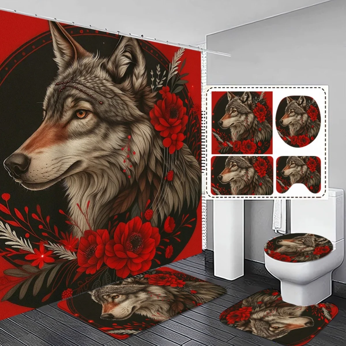 

4pcs Wolf Floral Shower Curtain Set with Non-Slip & - Durable Polyester, Machine Washable, Includes Toilet Lid Cover & Conto