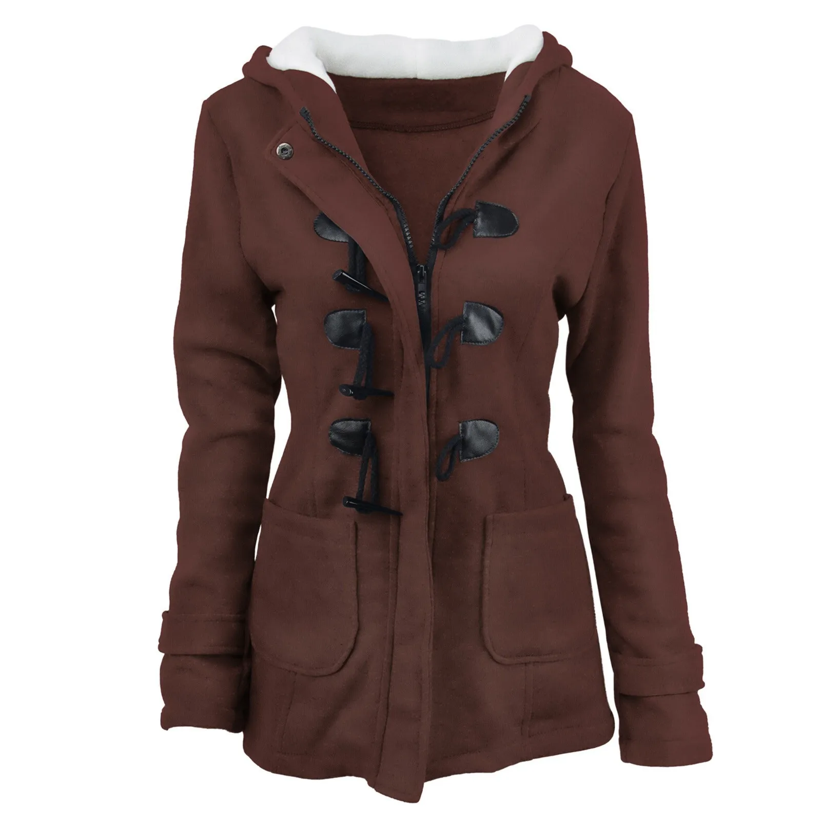 Winter Coat Female Womens Fashion Horn Button Fleece Thicken Coat With Hood Winter Warm Jacket Верхняя одежда