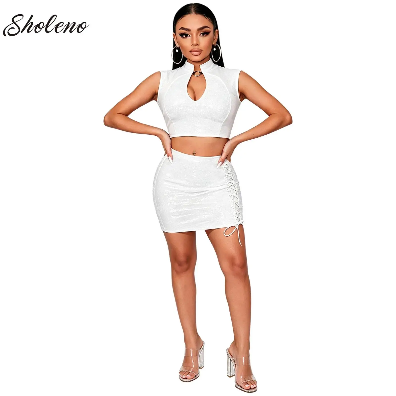 Y2K Sequin Mini Skirt Sets For Women Sleeveless Lace Deep V Neck Vest Tops Mini Skirts 2 Pieces Suits Club Party Holiday Sets