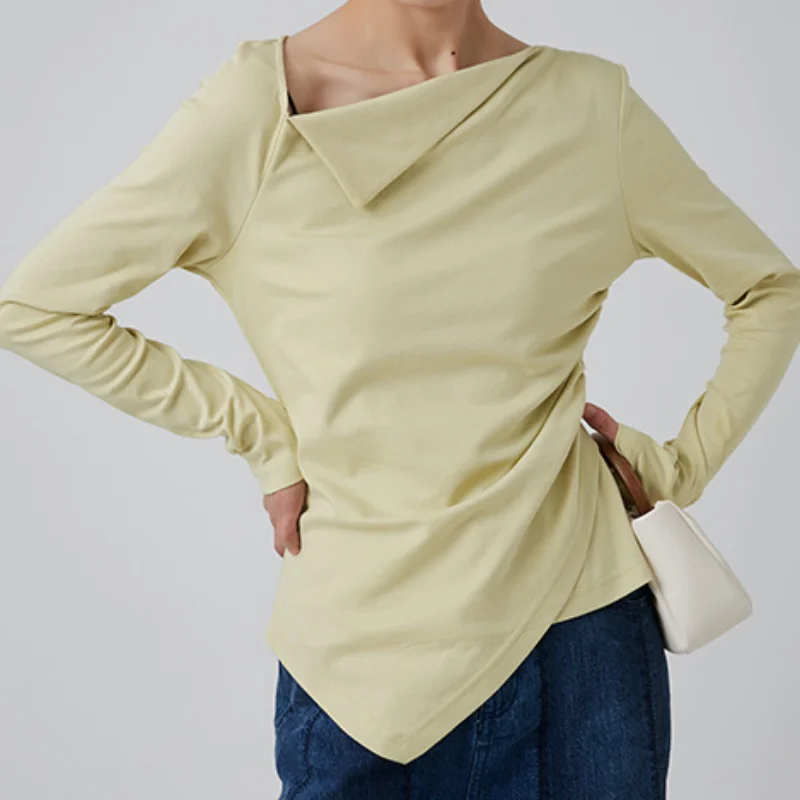 

2023 Spring Niche Design Sense Lapel Pull-out Pleated Asymmetrical Trendy Slim Show Long-sleeved Soft T-shirt Women