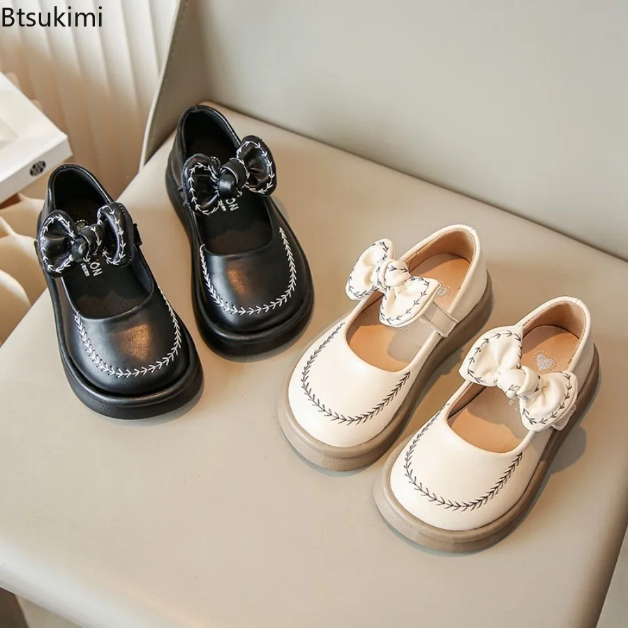 2026 New Spring Autumn Soft Soled Beige Fashion Versatile Small Girls Embroidery PU Leather ShoesCute Retro Bow Princess Shoes