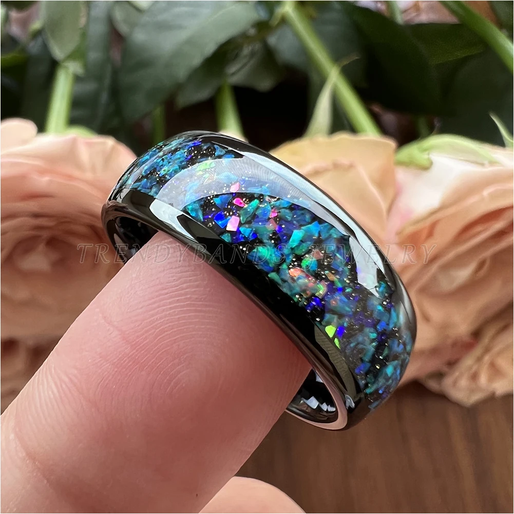 Black 8mm Tungsten Carbide Engagement Rings for Men Women Wedding Band Galaxy Opal Inlay Domed Polished Shiny Comfort Fit