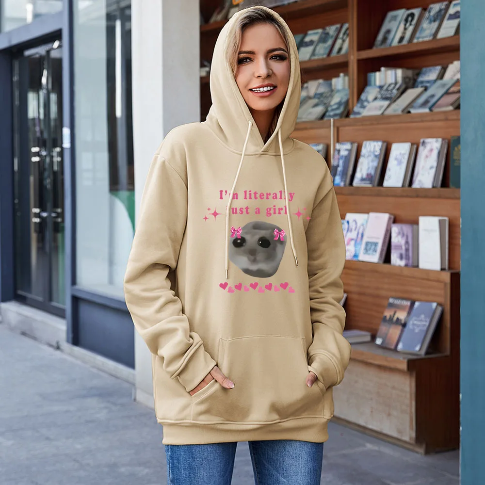 I'm Literally Just A Girl Hoodies Kawaii Cartoon Sad Hamster Sweatshirts Long Sleeve Women Men Hooded Pullovers Sudaderas Casual