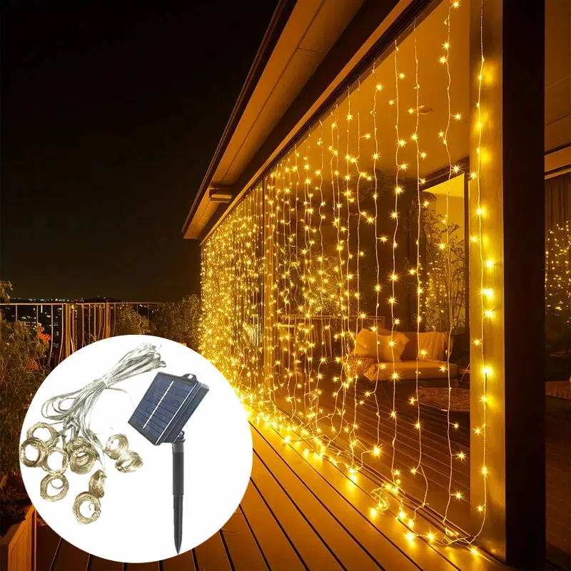 

Светодиодная гирлянда-штора на солнечных батареях для сада и дома, 8 режимов, для Рамадана, свадьбы, Дня святого Валентина, Декор для комнаты и улицы 2026