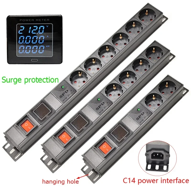 PDU Power Strip 2-8Ways Euro German socket Voltmeter Ammeter Power Energy Meter surge Protection Switch For cabinet rack mount