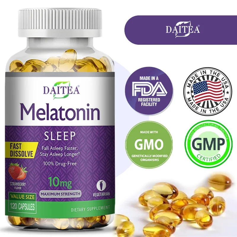 Daitea Melatonin 10mg, Sleep Dietary Supplement, 120 Strawberry Flavored Capsules, Contains Melatonin - Healthy Sleep