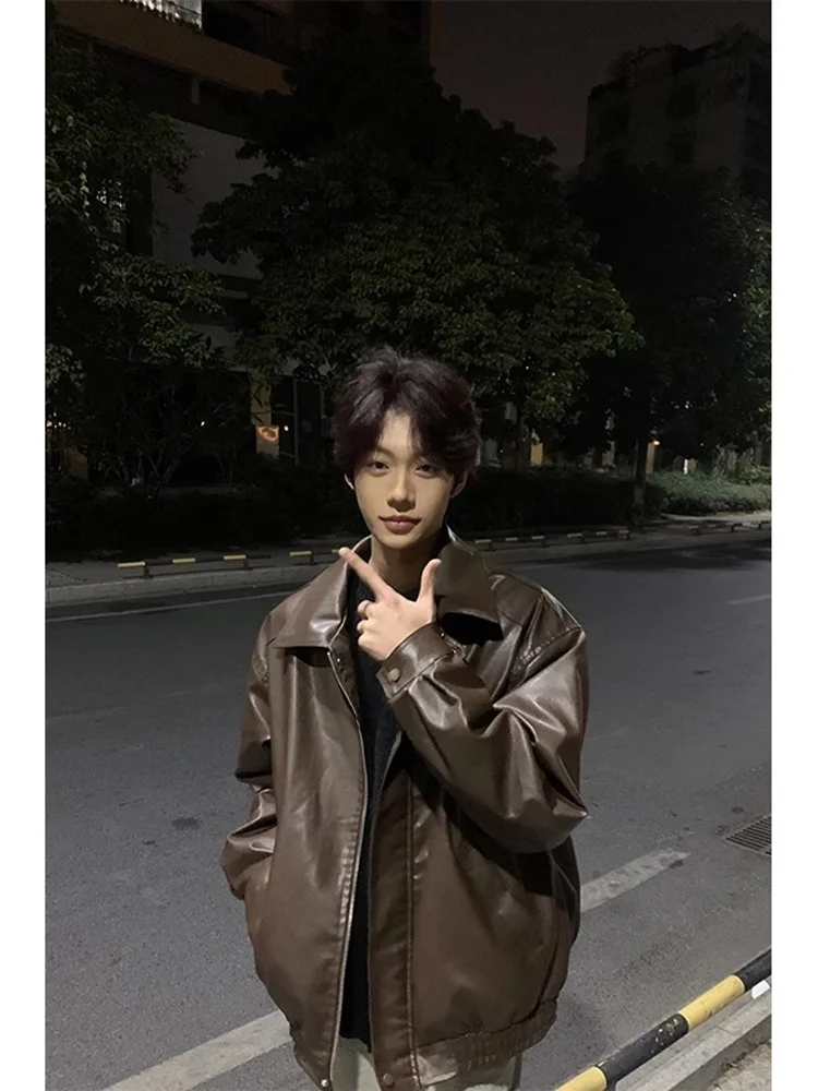 

Коричневая кожаная куртка мужская, модная, винтажная, в американском пилотском стиле, с воротником на молнии, мотоциклетная куртка, приталенная, весна-осень