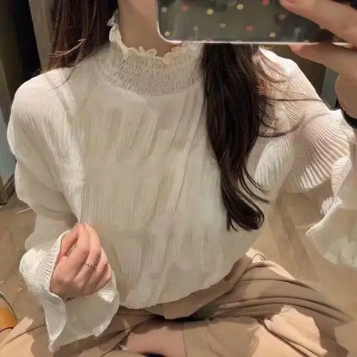 

Spring Autumn Loose Women's Base irt Sweater Inner Wear Transparent Chiffon Top Sexy Underwear Long Sve Stand Collar