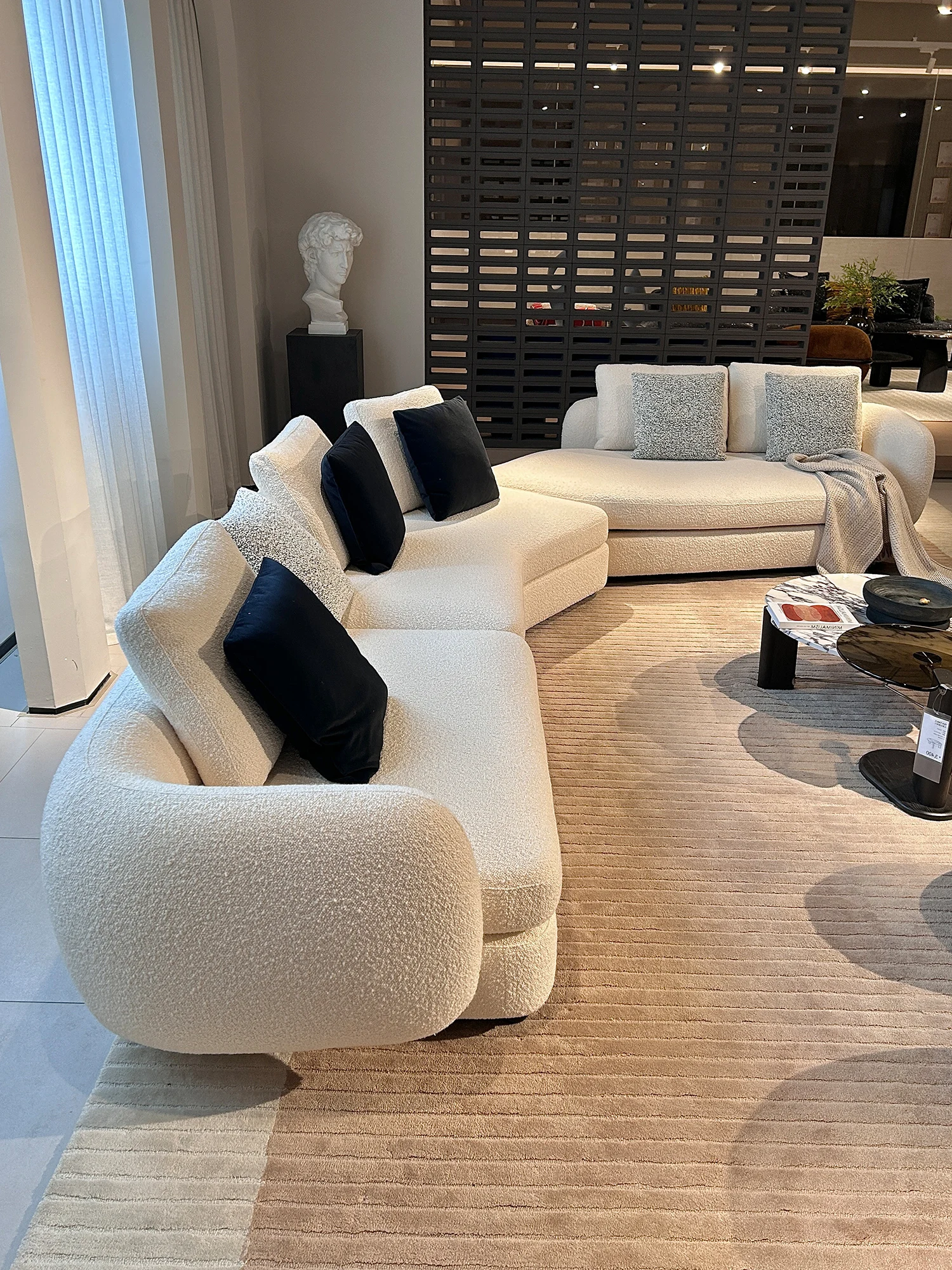 White Boucle Curved Corner Sofa Round Outer Armrest Pillow Backrest Scatter Pillows Deep Seat For Living Room Villa Bedroom Home