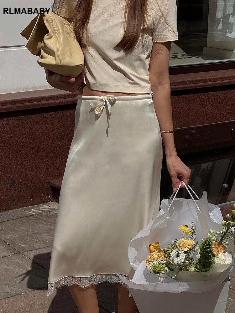 

RLMABABY Sexy Solid Lace Satin Spliced Mid-Calf Length Skirts New French Style Women High Waist Streetwear Slim Straight Skirts