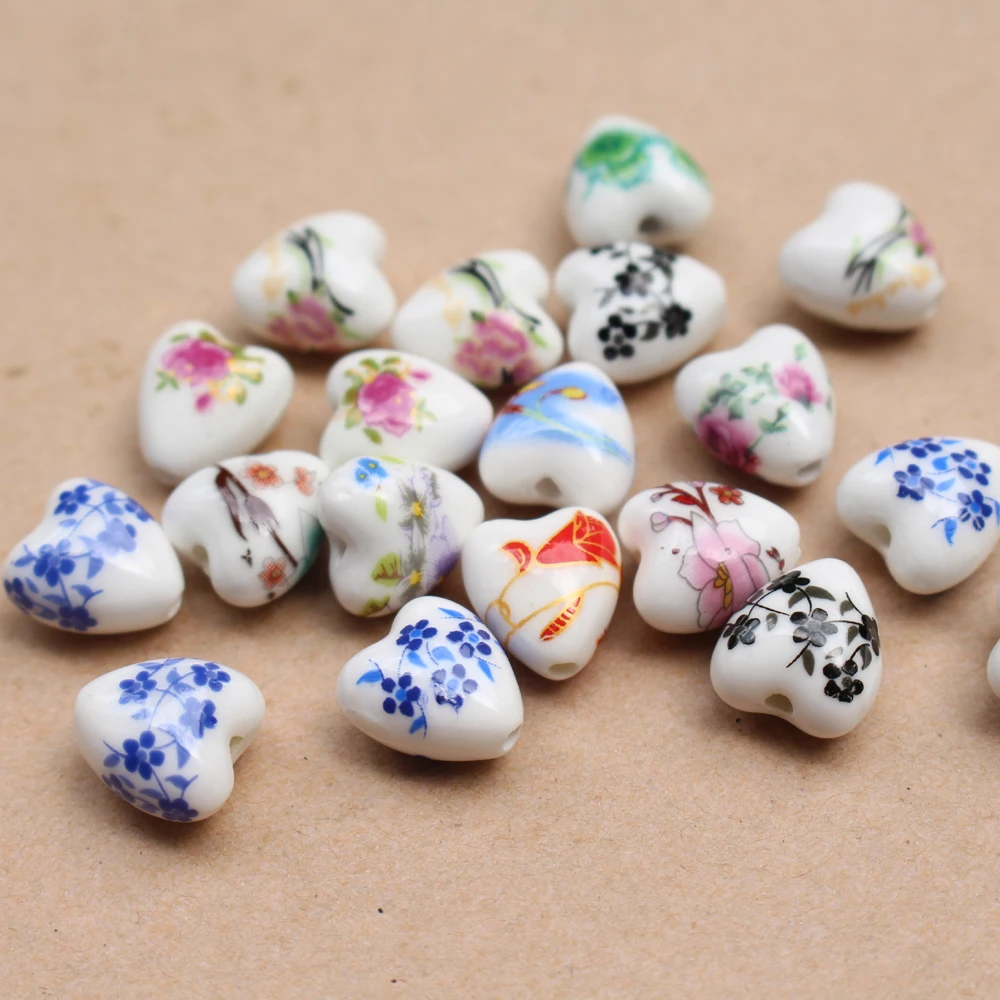 20Pcs 11.6mm Heart Shape Ceramic Beads Flower beads Red Blue Black Brown Blossom for Jewelry Making Bracelet Necklace DIY  Craft