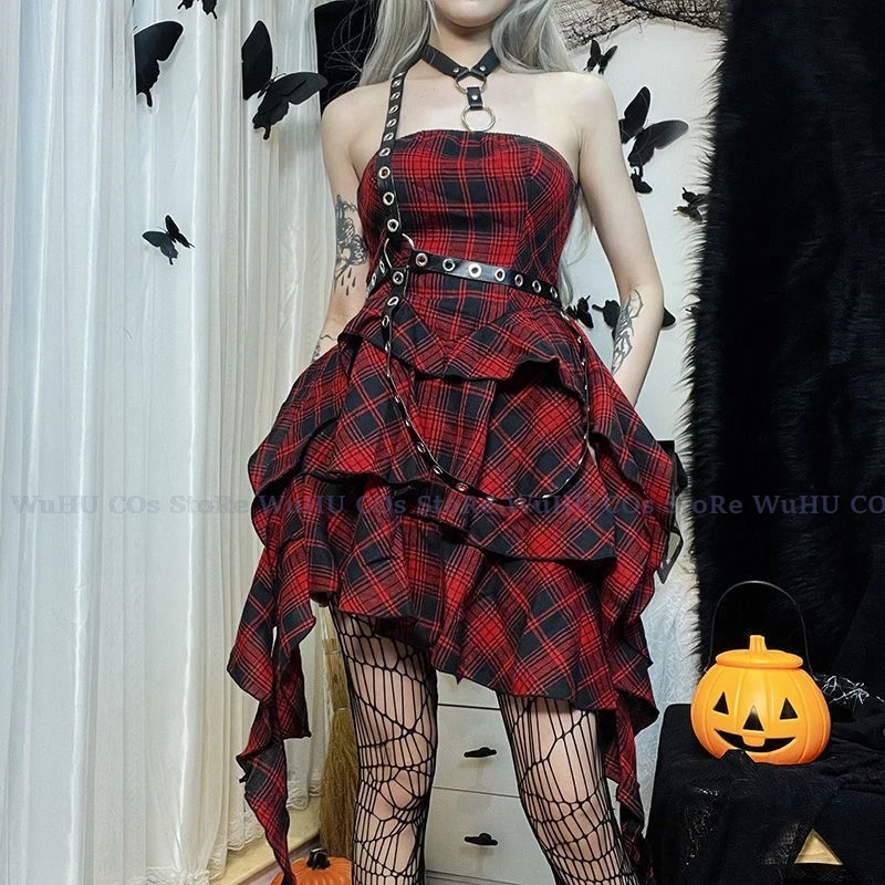 Y2K Dress Cool Girls Sexy Dress One-shoulder Dress Patchwork Black Red Skirt Waist With Belt Plaid Dress Women Halloween Dress