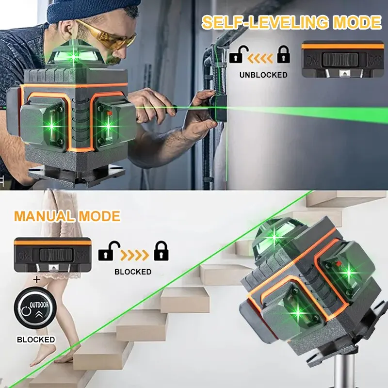 Pracmanu Laser 16 garis 4D, rata rata rata otomatis meratakan, horisontal dan vertikal lintas garis, sinar hijau Super kuat