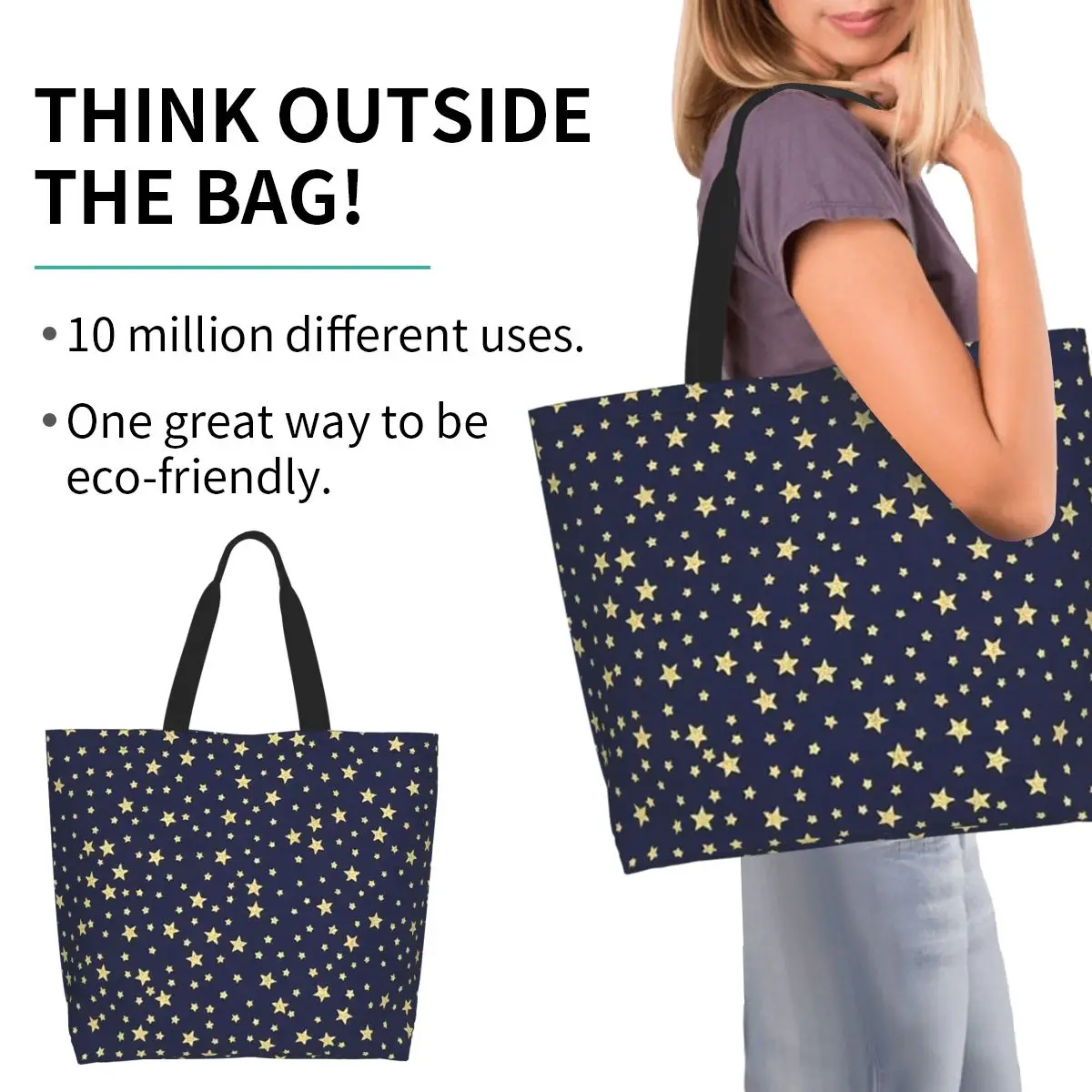 Navy Blue Sky And Stars Print Shopping Tote Bag Canvas Large Capacity Shoulder Bags Shopper Grocery Handbag for Women