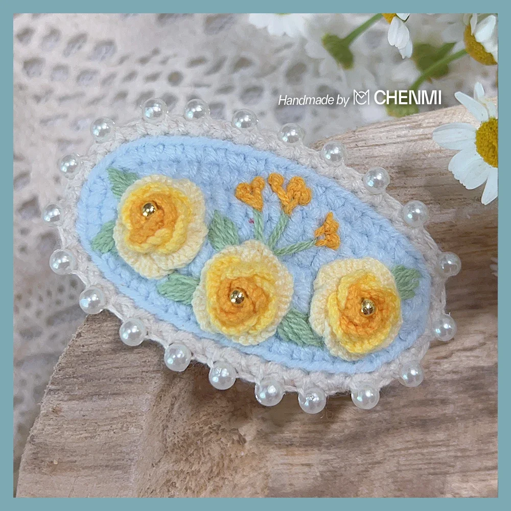 New Blue Series Exquisite Hair Accessories Handmade Knitting&Crocheting Wool Hairpin Flower Embroidery BB Clip Cute Bow