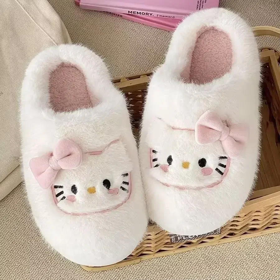 Милые зимние хлопковые туфли Hello Kitty Kawaii Hello Kitty, домашние домашние нескользящие плюшевые тапочки на толстой подошве с мягкой подошвой, подарок для девочки