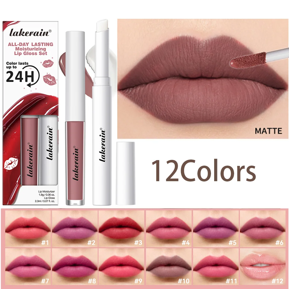 Juego de 2 manchas de labios mate con lápiz labial hidratante, terciopelo Sexy de larga duración, taza antiadherente de 12 colores, kit de labios resistente al agua