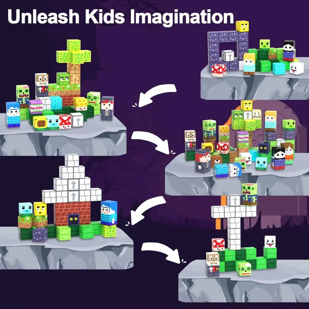 บล็อกตัวต่อแม่เหล็กที่ได้แรงบันดาลใจจากมอนเตสซอรี่ ธีมเกาะซอมบี้ ของเล่น STEM สำหรับเด็กอายุ 3-10 ปี