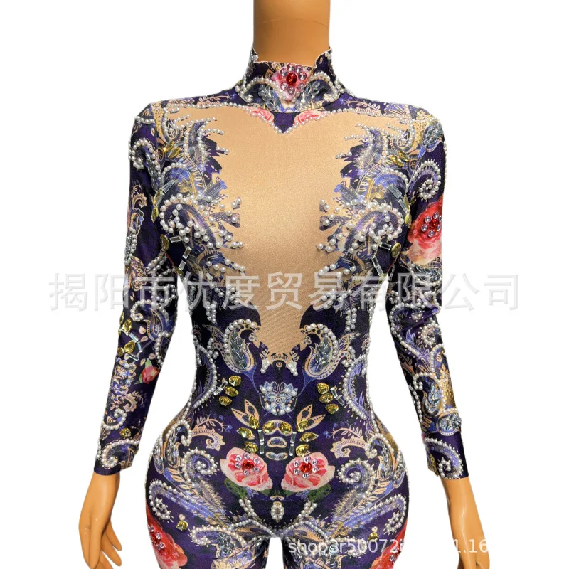 Glam Handmade Rhinestones Slim DJ Cocktail Party Birthday Female Singer Night Party Costume Rose Designer Luxury Evening Dresses