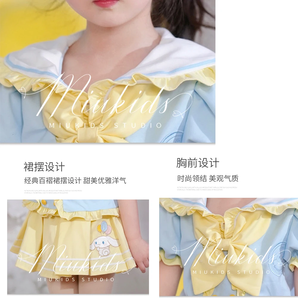 Kawaii Cinnamoroll Girl's Jk Pleated Skirt Set Anime Sanrios Y2K Doll Collar Short Sleeve Sailor Uniform Kuromi Kid Princess Set