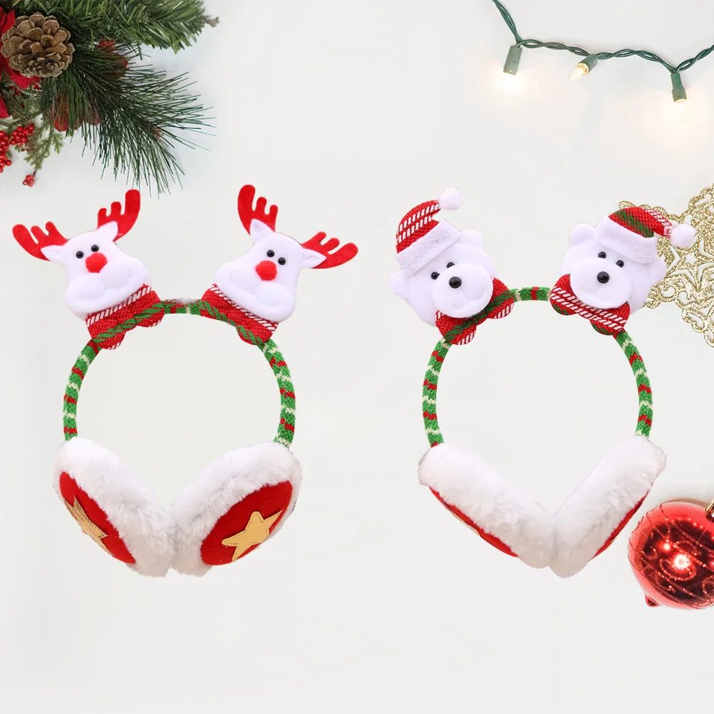 2 uds diademas navideñas orejeras creativas de dibujos animados accesorios de disfraz de fiesta patrones de oso de alce orejeras para el cabello para Navidad
