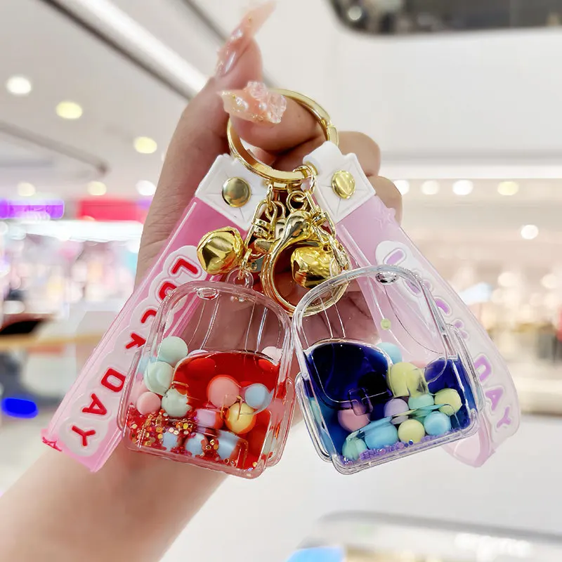 Cute Color School Bag Liquid Keychain Kawaii Liquid Quicksand Keychains Wrist Lanyard Wristlet Strap for Girl Woman