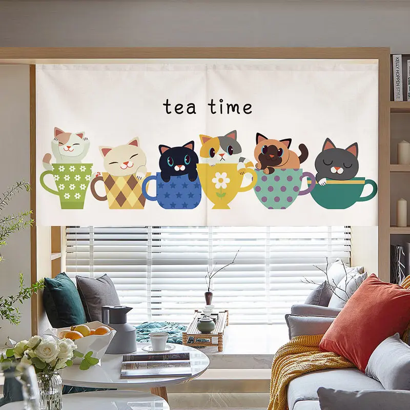 VIKAMA Cute Cat In Cup Print Cabinet Curtain Self‑Adhesive No‑Drill Dustproof Shield Curtain For Home Cupboard Decor