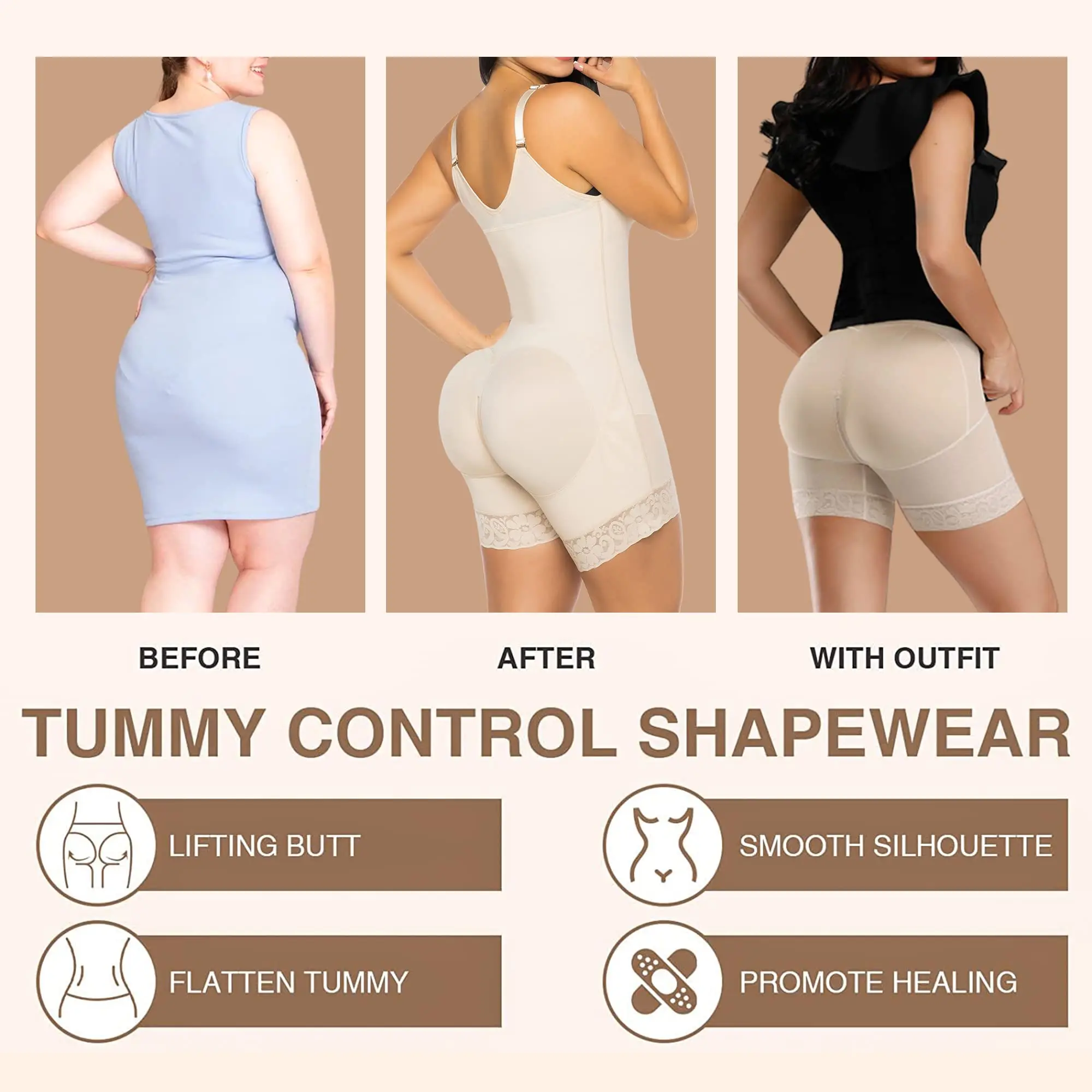 Sleeveless Knee Length Shapewear Braless Wide Shoulder Straps Butt-Lifting Bodysuit For Women Tummy Control