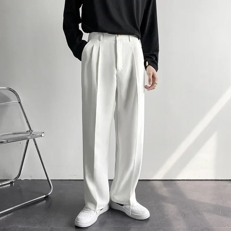 Spring/Summer Dropped Straight Suit Pants for Men's Loose Korean Casual White Clean Fit Trousers Youth Office Simple Streetwear