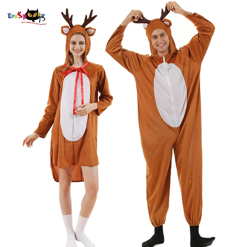 

Eraspooky 2021 Cute Christmas Reindeer Costume For Adult New Year Party Animal Jumpsuit Men Women Couple Xmas Fancy Dress
