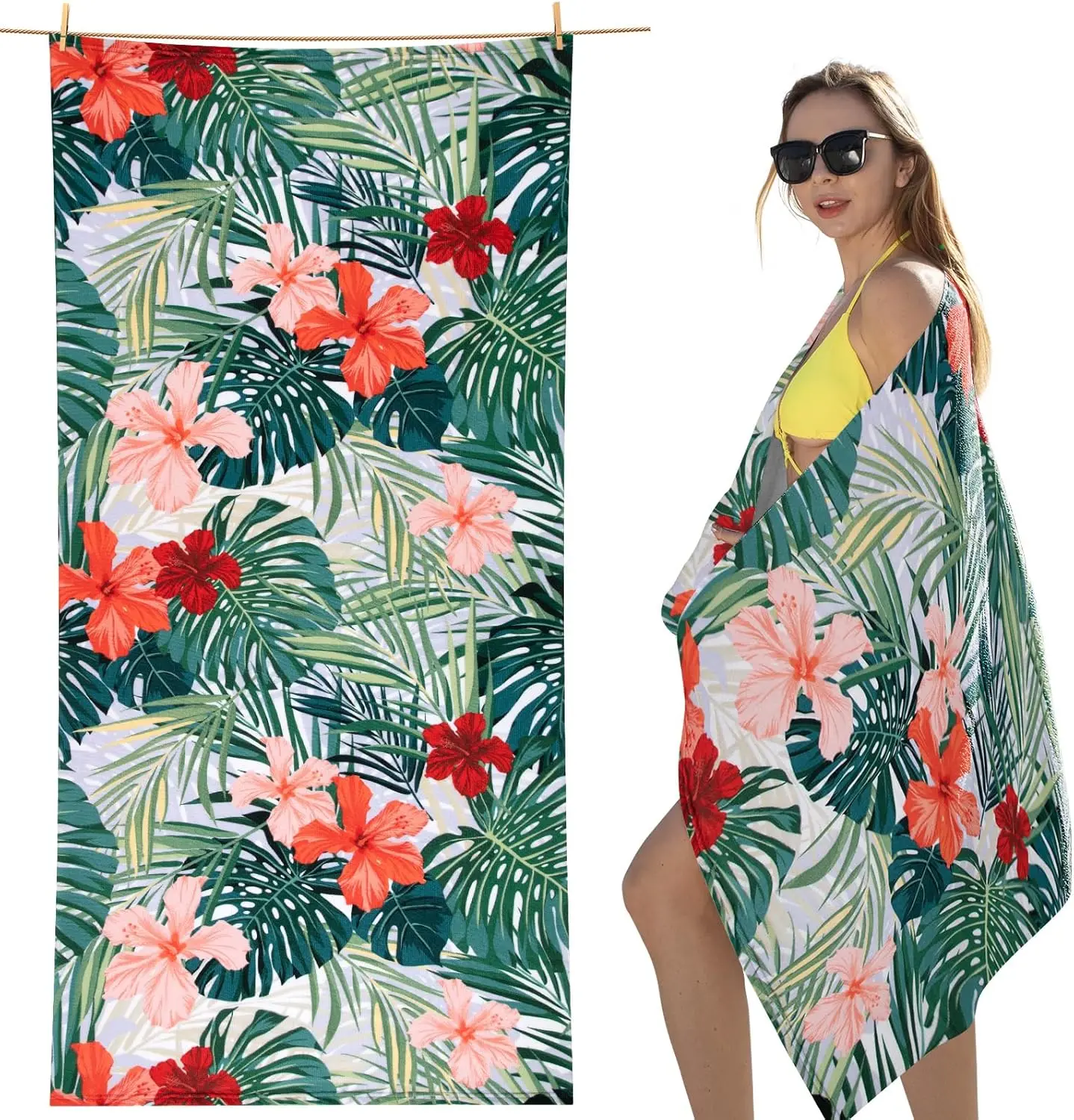 Tropical Floral Beach Towel Polyester Bath Wrap Jungle Print Hibiscus Leaves Summer Resort Wear Quick Dry Towel Accessories for