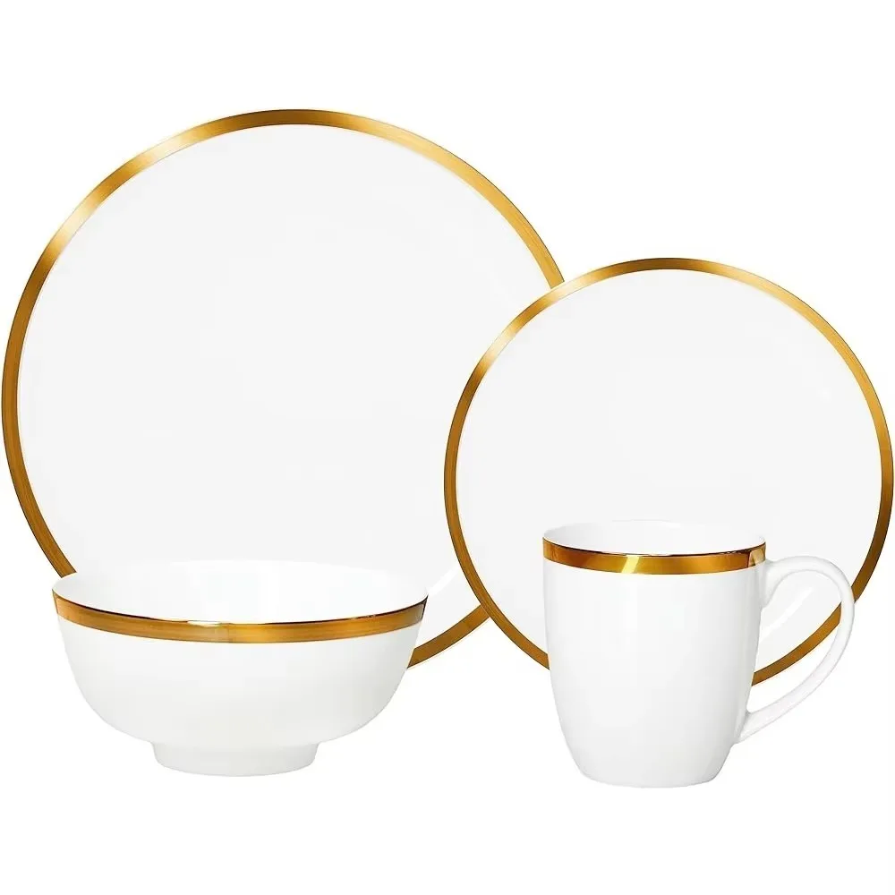 

Porcelain 16 Piece Dinnerware Set, Service for 4, White and Golden Rim