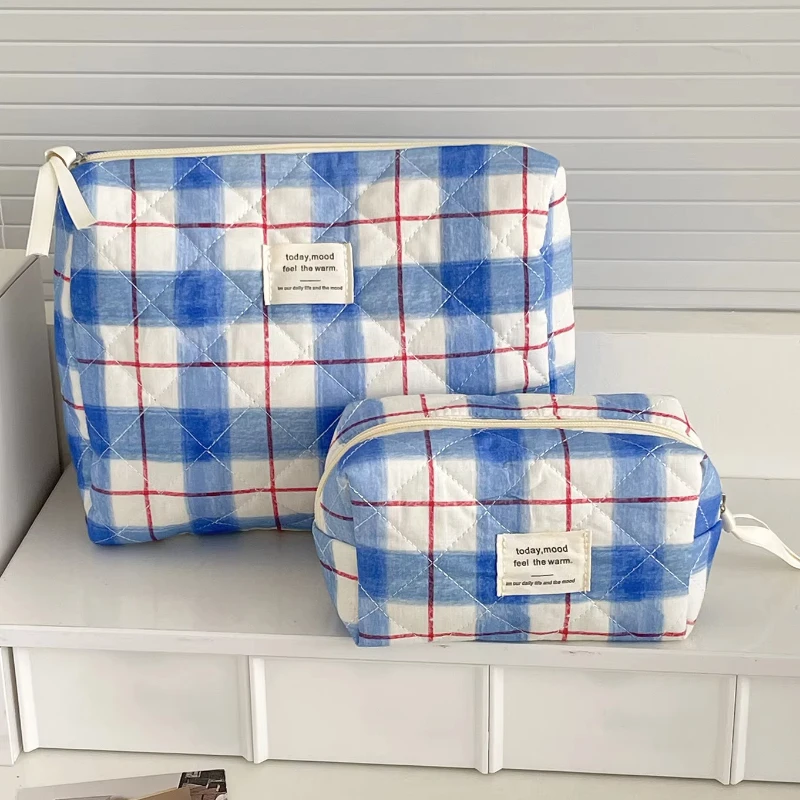 Vintage Plaid Contrast Color Women's Cosmetic Bags Travel Portable Ladies Makeup Case Cotton Quilted Female Storage Handbags